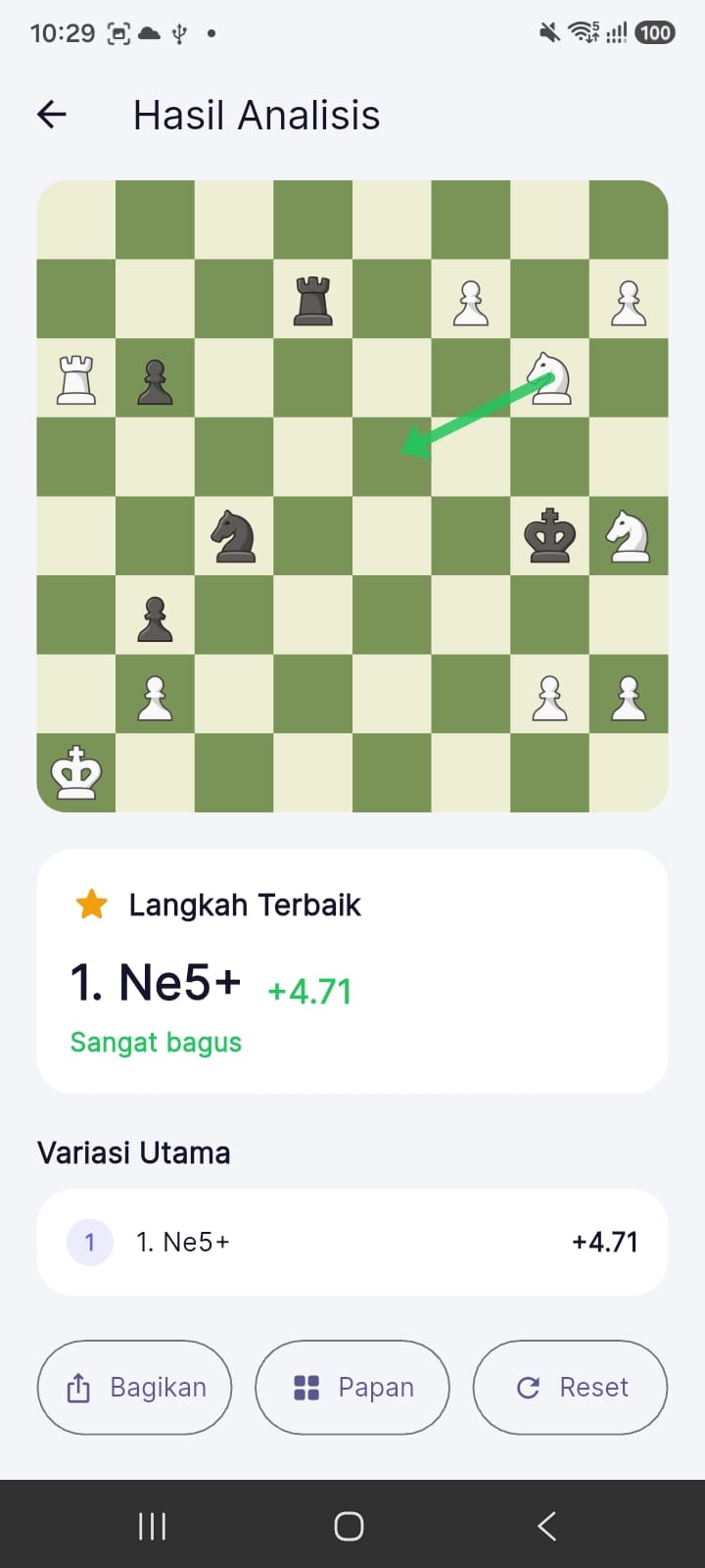 Analysis result showing the best move and evaluation